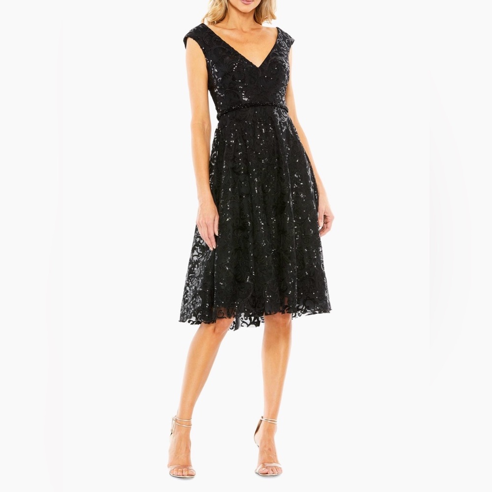 Mac Duggal SEQUINED V NECK CAP SLEEVE DRESS, Black, 68012 - Picture 1 of 13